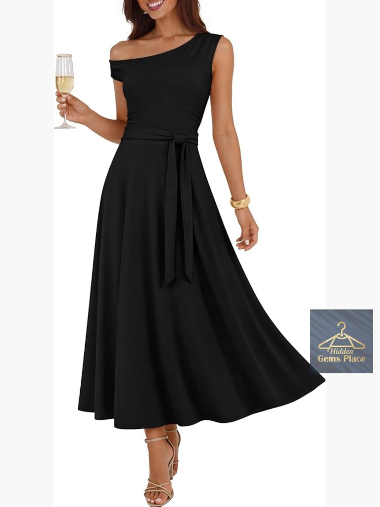 One Shoulder Maxi Dress Formal Cocktail Wedding Guest Party Flowy Belt